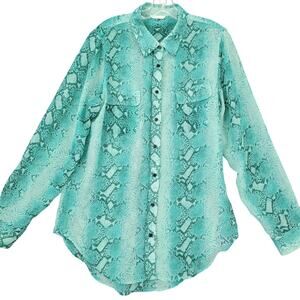 Brooklyn Girl Green Shirt Preppy Scaly Print Long Sleeves Buttons Women Size 2XL